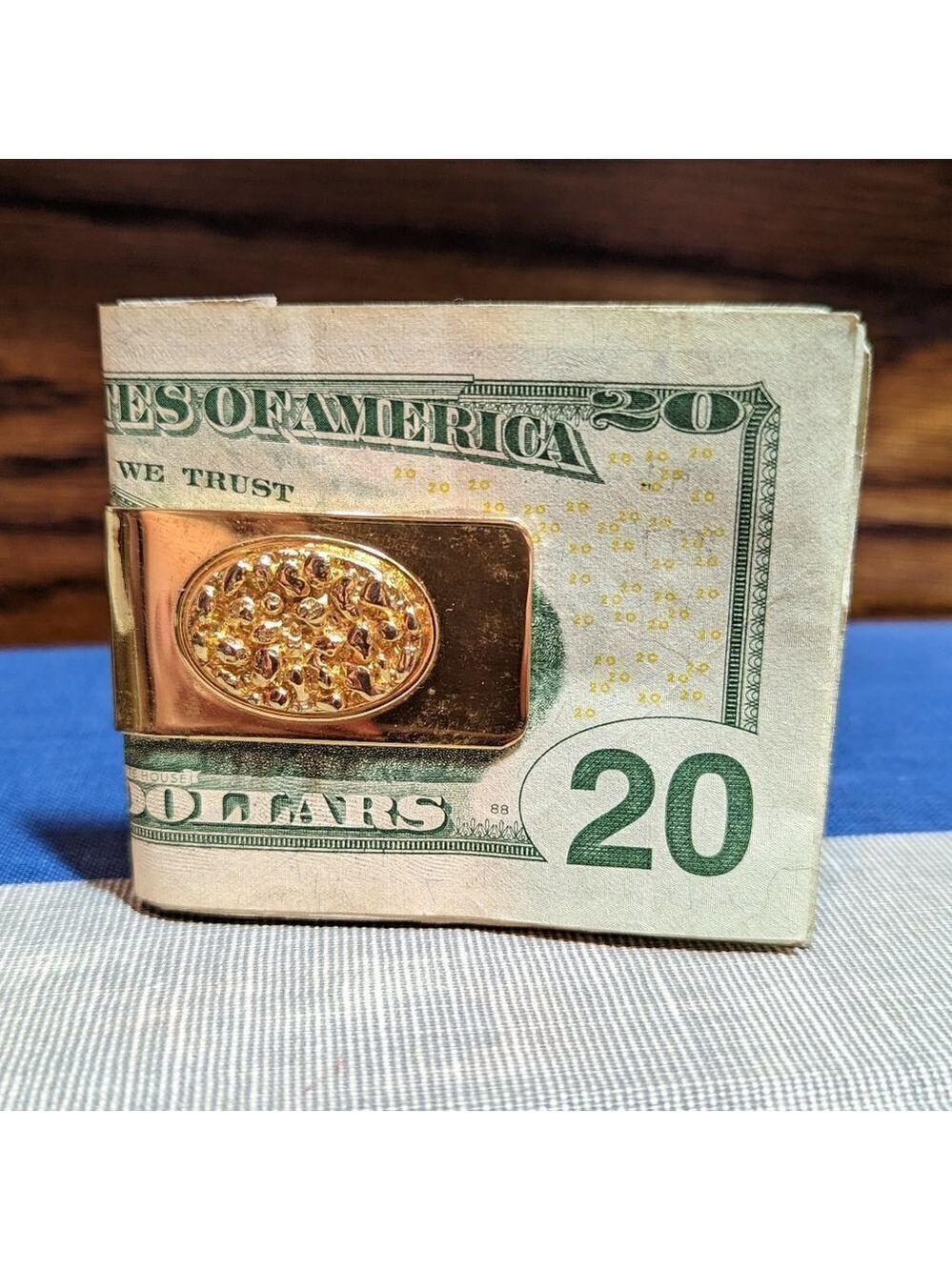 Vintage Gold Tone Money Clip Framed Oval Shaped "Nugget" on Front